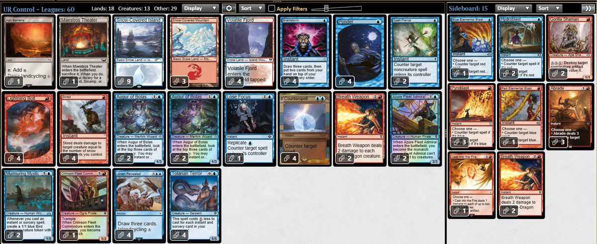 Two trophies with UR control, I follow the same list, I just added an Abrade to the side for the number of Boros in the meta.

@fireshoes @PauperDecklists @MonarchsMtg #MTGPauper
