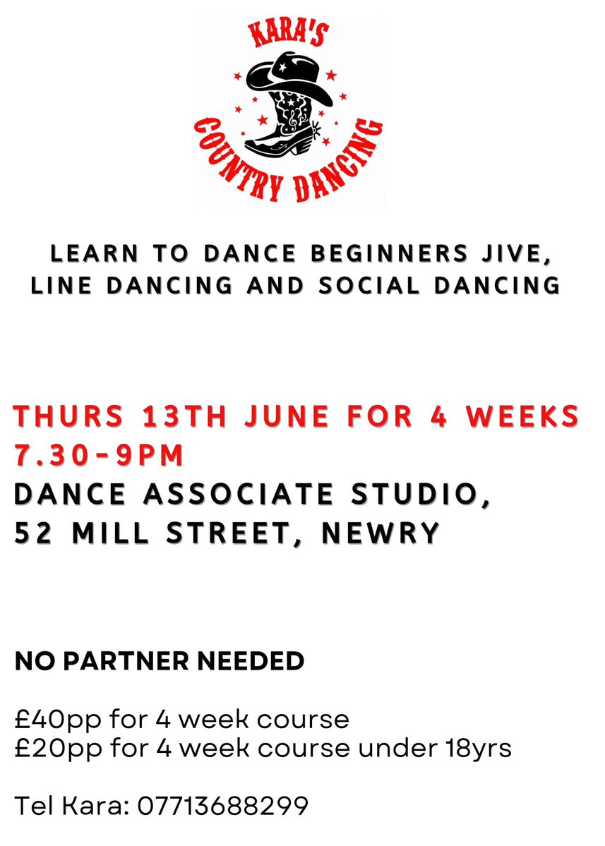 .@DanceAssociate Studios introduces Kara’s Country Dancing classes! Starting June 13th, enjoy four weeks of dynamic dance sessions every Thursday from 7:30 PM to 9:00 PM in Newry. To secure your spot, call Kara on 07713688299. #CountryDancing #DanceClasses #LearnToDance