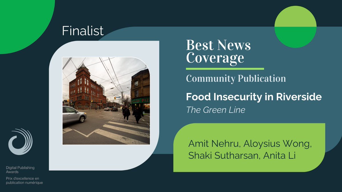 Amit Nehru, @Alowishoes, @kutticorner, and @neeeda of @TheGreenLineTO are nominated for their series on food insecurity in Riverdale in the #DPA24 Best News Coverage (Community Publication) category! buff.ly/3W8ZZ0t