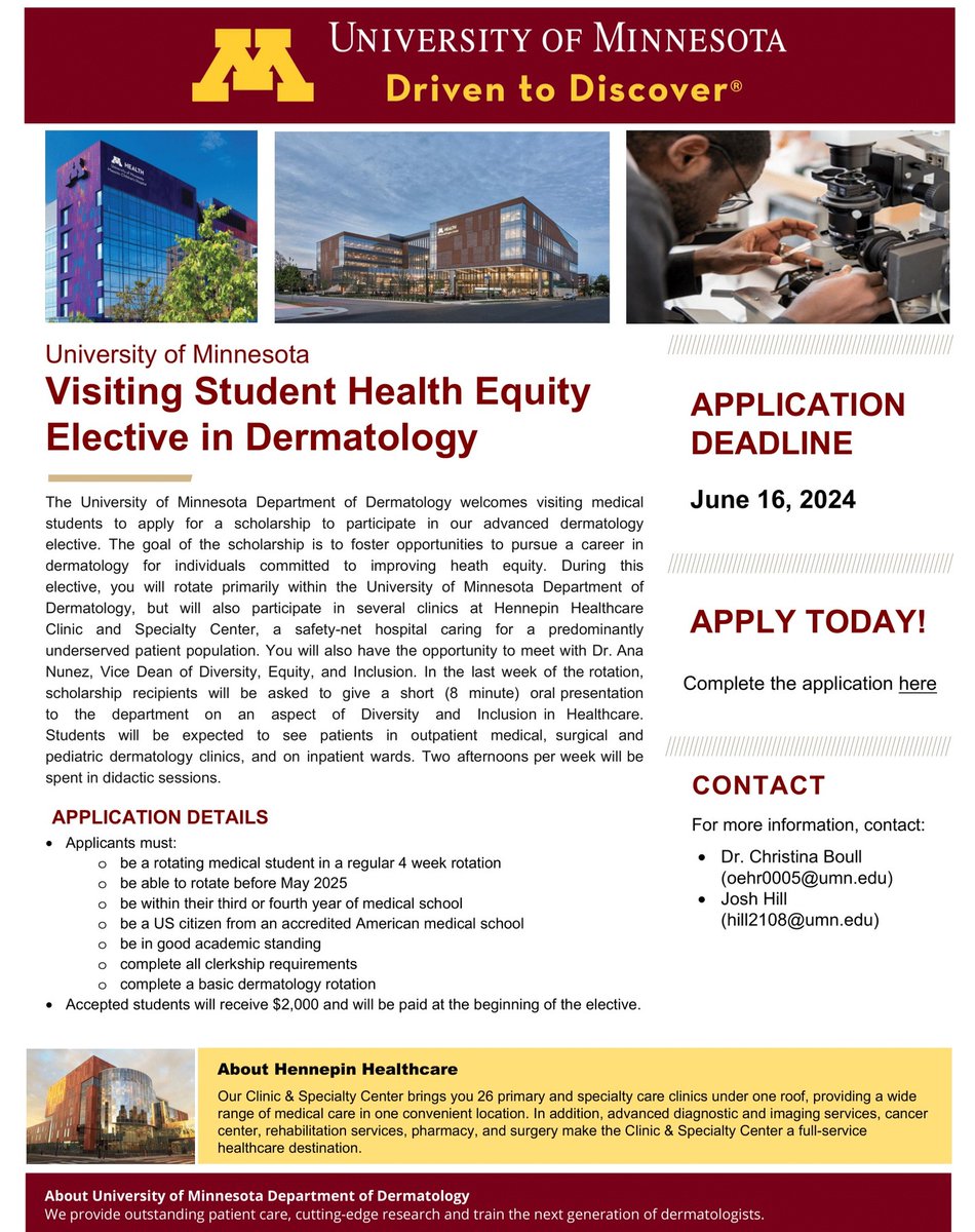 🚨 Visiting medical students: apply for the Health Equity Scholarship to participate in our advanced dermatology elective! Deadline to apply: June 16 Apply at: z.umn.edu/DermEquity. #Dermatology | #MedStudent | #MedicalSchool