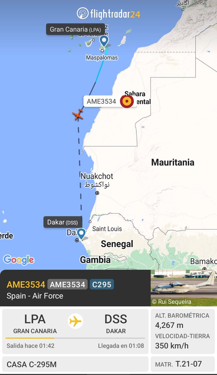 #AME3534 🇪🇦
✈️ #C295 T.21-07/35-07 @Ala35_ea dirigiéndose a #Senegal para próximo relevo en el #DestacamentoMarfil 🇪🇦
@EjercitoAire continuando con sus misiones de transporte en el #Sahel @EATC_ 🧐👇
