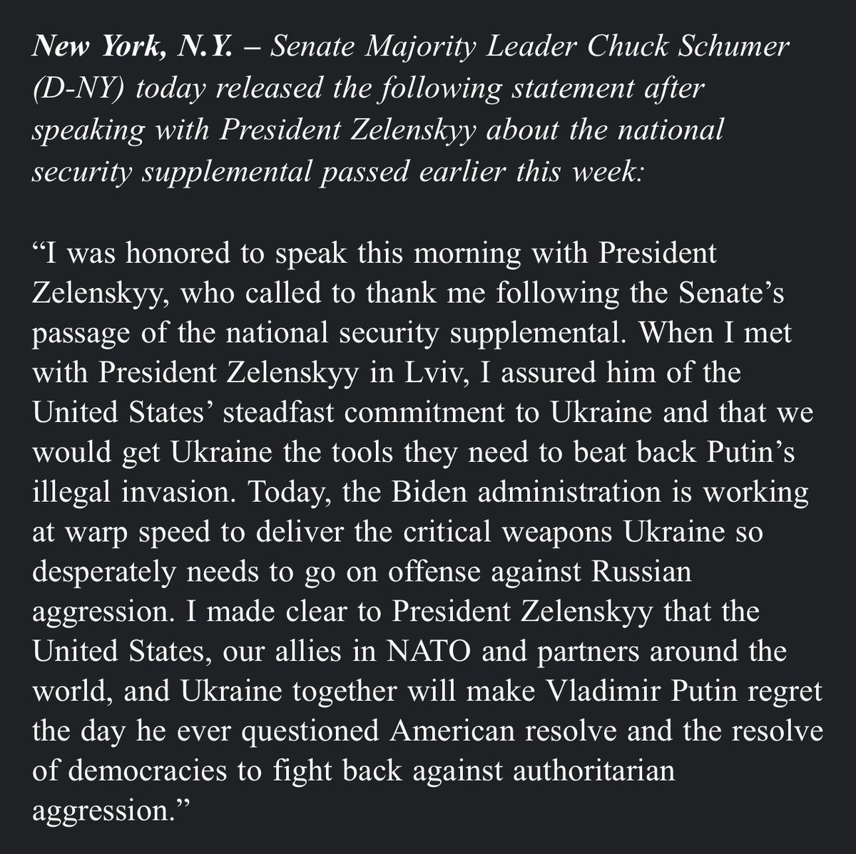 Schumer says Zelensky called him this morning to thank Senate for passing aid package