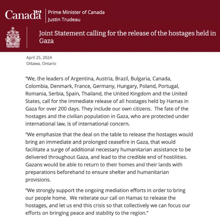 Canada, the US and 16 other nations have issued a joint statement calling on Hamas to immediately release all hostages from captivity in Gaza. A long overdue but critical move by the international community to bring the hostages home. #BringThemHomeNOW