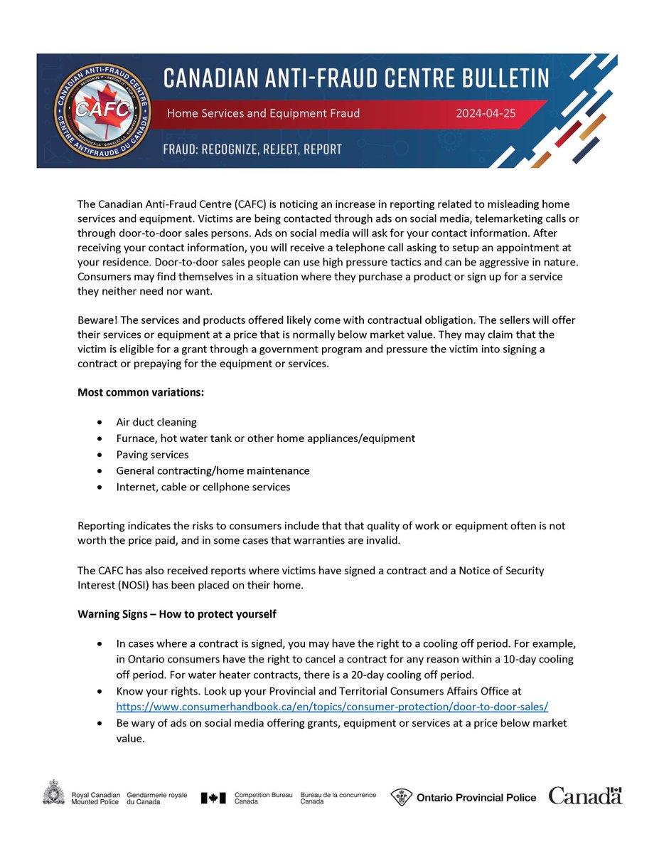 canantifraud's tweet photo. We are noticing an increase in reporting related to misleading home services and equipment. Victims are being contacted through ads on social media, telemarketing calls or through door-to-door sales persons. For more information: https://t.co/IGgjJt8ej9 #kNOwfraud  #BeScamSmart https://t.co/QpZXkHXR7D