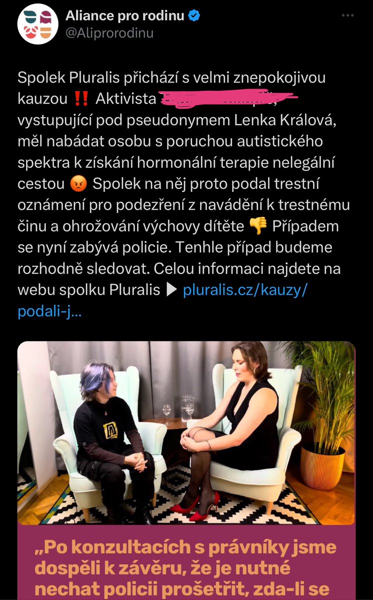 .<a href="/Aliprorodinu/">Aliance pro rodinu</a> je oficiálně organizace malých, zlých lidí. sdílet jméno před tranzicí je známkou absolutního disrespektu. a ten si <a href="/VTranzu/">Lenka Králová</a> na rozdíl od vás jednoznačně zaslouží. za naši rodinu už nelobbujte, díky. což stejně neděláte, máte plné ruce útočení na menšiny. Svobodovi