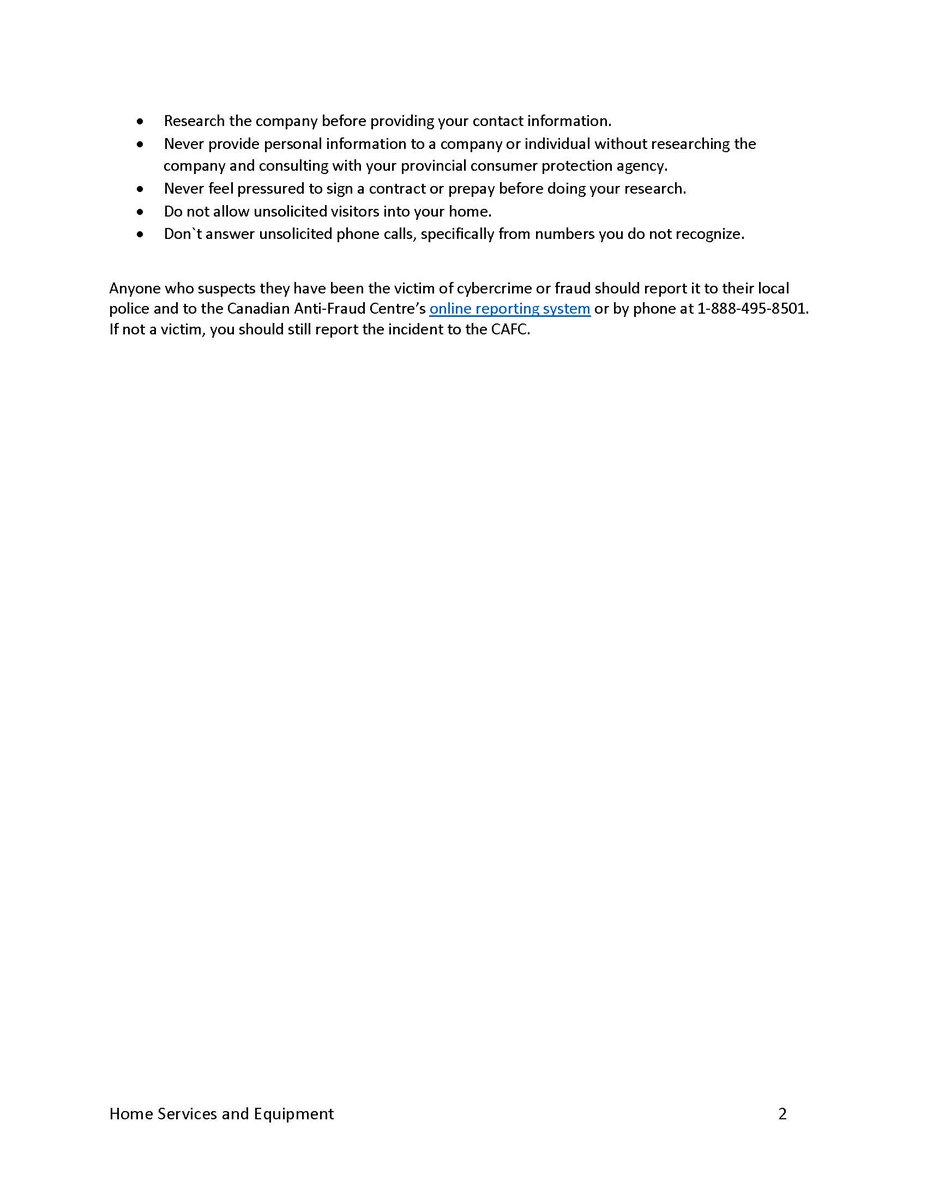 We are noticing an increase in reporting related to misleading home services and equipment. Victims are being contacted through ads on social media, telemarketing calls or through door-to-door sales persons. For more information: antifraudcentre-centreantifraude.ca/scams-fraudes/… #kNOwfraud #BeScamSmart