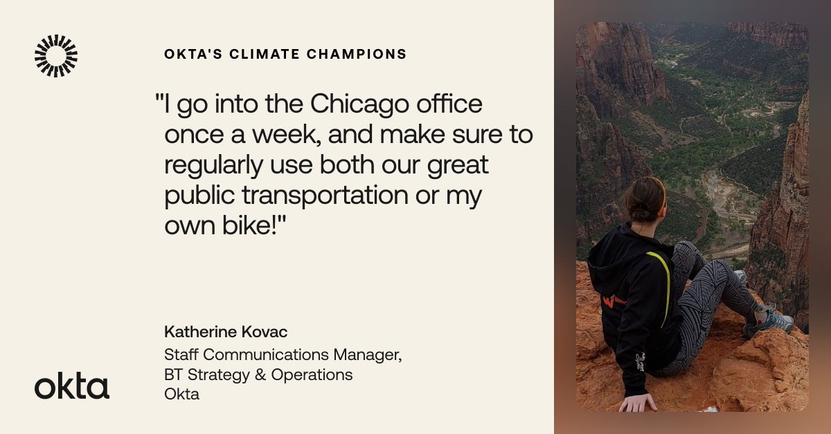 Meet our next climate champion, Katherine Kovac! 🍃🌷 See how she adjusts her commute to our Chicago office to be more eco-friendly. 👇 Explore Okta's sustainability commitment: bit.ly/49783lK