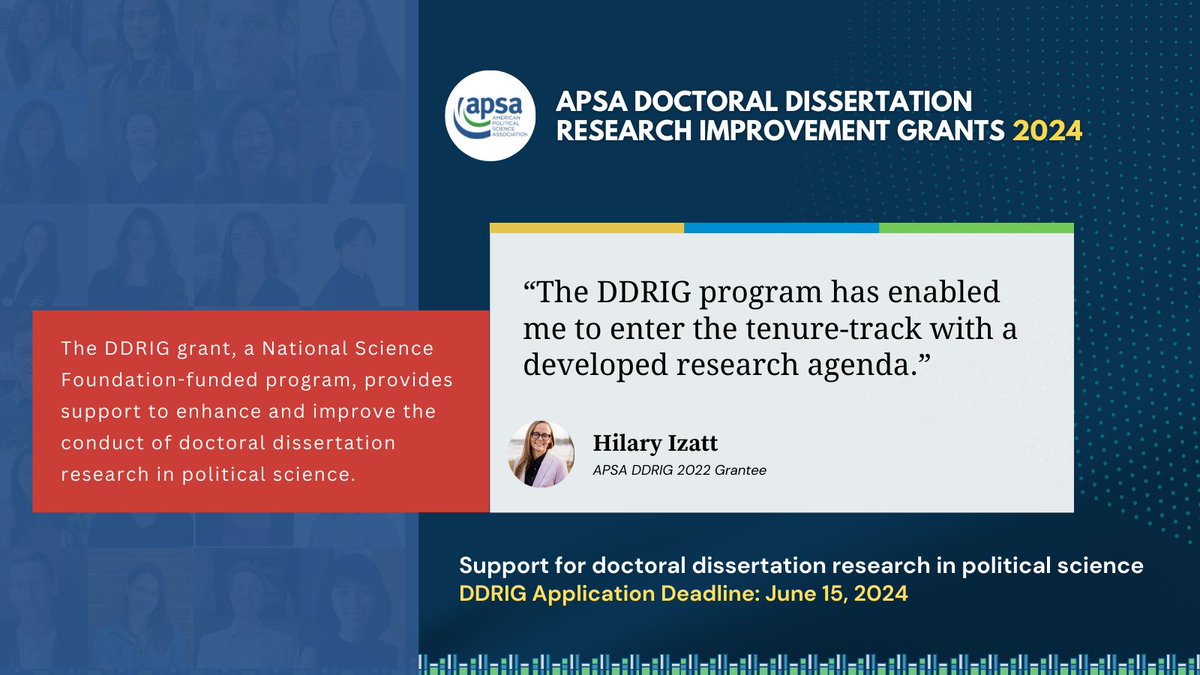 Not sure whether your research can be funded by APSA's APSA Doctoral Dissertation Research Improvement Grant program? Check out our 2023 DDRIG grantees: politicalsciencenow.com/2023-apsa-doct… 2024 DDRIG applications are due 6/15! politicalsciencenow.com/2024-apsa-doct…