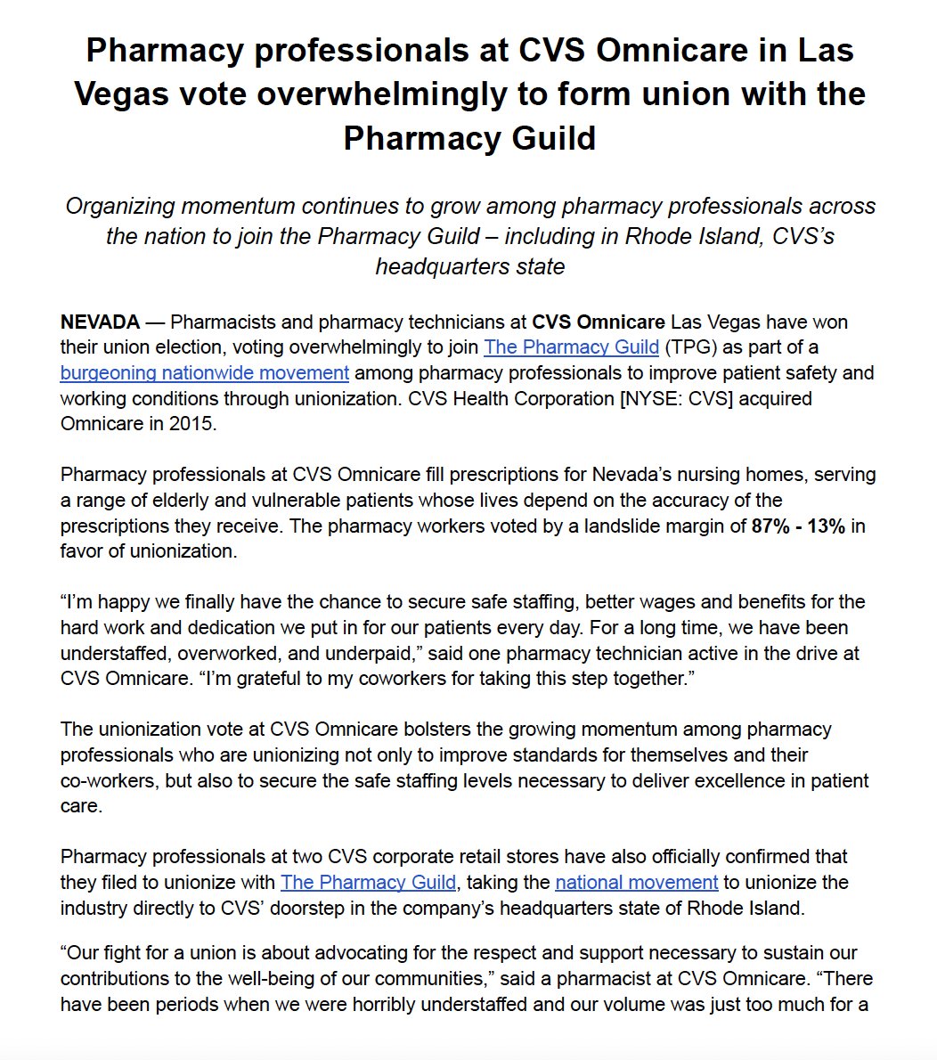 BREAKING: CVS Omnicare pharmacy professionals in Las Vegas have voted overwhelmingly to unionize with The Pharmacy Guild with a landslide of 87% in favor. A dawn of a new era for safe staffing and patient care. 

Here’s to our first union victory and many more to come! #1u