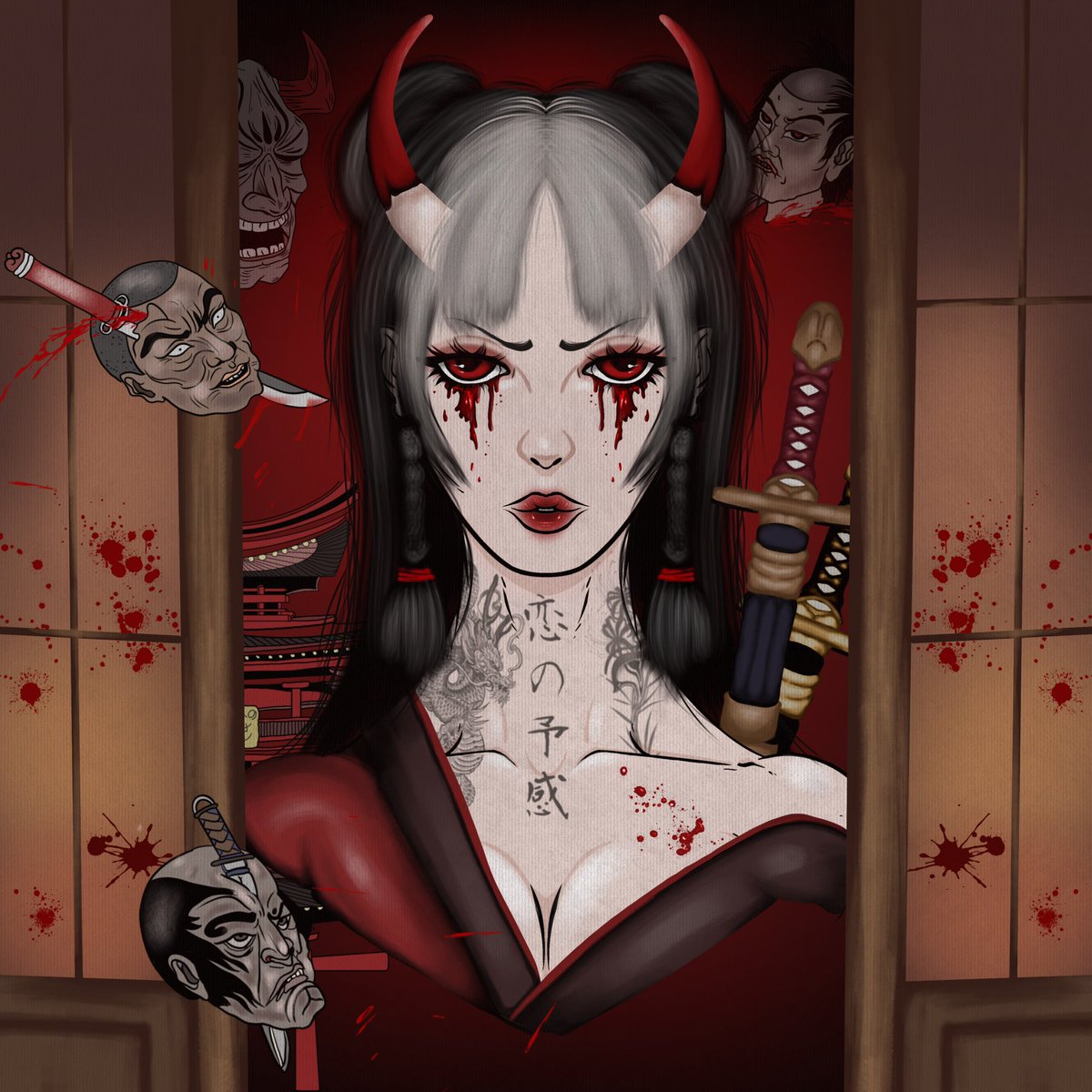 nasestraa's tweet photo. This is my #CHAOS Art for @Pendulum_NFT 
I wish I had more time to draw another one 
🔪🩸

She comes at night…
🎎🥢
@cozmozart 
#pendulum #chaosdesign #CardanoCommunity https://t.co/YCJoy7gryO