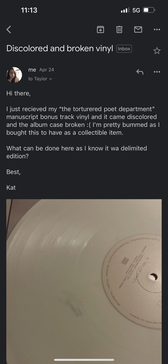 maybeekat_'s tweet photo. tay this is the 2nd time i’ve bought a collectible, limited edition item from you and it’s came defected and all they can offer is my money back. I fought at the clock to get this and was so excited as I waited months. Is there nothing you can do to replace it? @taylorswift13 https://t.co/kyj2CqWXoV