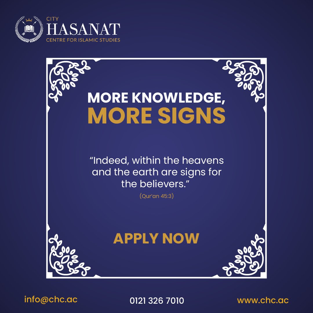 In the boundless expanse of the heavens and the earth, a tapestry of signs awaits the believers, beckoning them to deepen their knowledge.

Join us today!
chc.ac

#islamicstudies #islamiceducation #spirtiualawakening
#Arabicstudy #quranmajeed #IslamicFaith