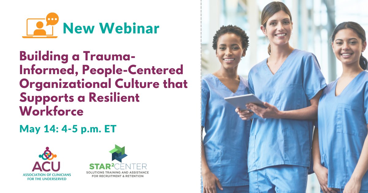 Join us for a new webinar on May 14 at 4 p.m. ET as we explore what it means to be a trauma-informed organization. Learn actionable tools #healthcenters can use to support an engaged & satisfied workforce. Save your spot: ow.ly/uNZ850RoaWf

#traumainformed