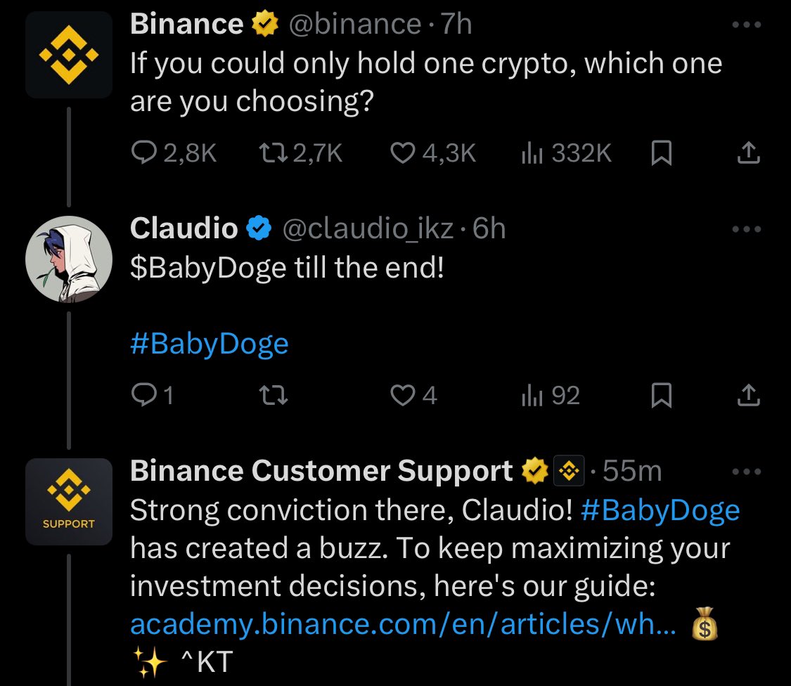 🎉Almost three years in the making, and #BabyDoge continues to shine! From its inception on BNBChain to its multitude of utilities, including saving pets' lives, the #BabyDogeArmy's support remains strong. Hats off to #Binance for recognizing this incredible journey! 👏 #Crypto