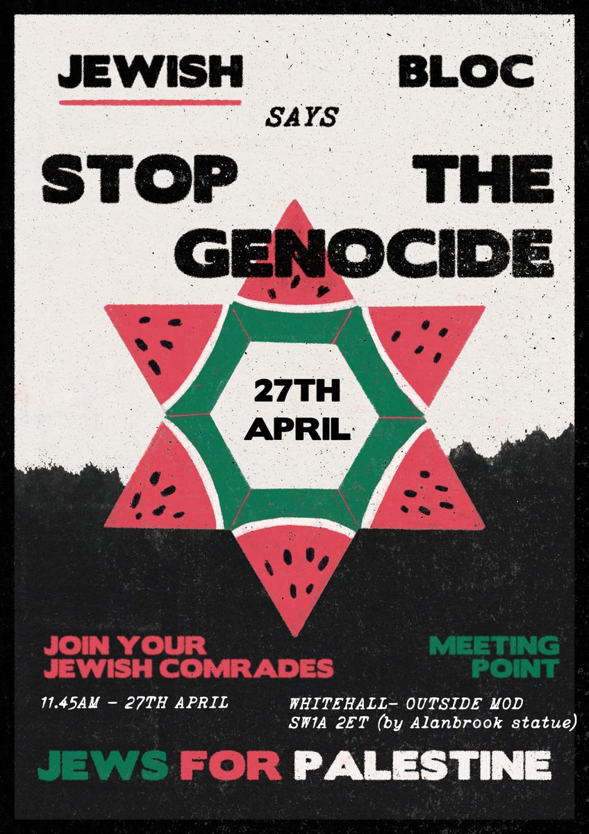 As we pass 200 days of genocide, we must not avert our eyes from Gaza. Your voice is needed more than ever. This Saturday the Jewish Bloc will be assembling outside the Ministry of Defence on Whitehall (by the Alanbrook statue) SW1A 2ET, opposite the Cenotaph, at 11.45am.