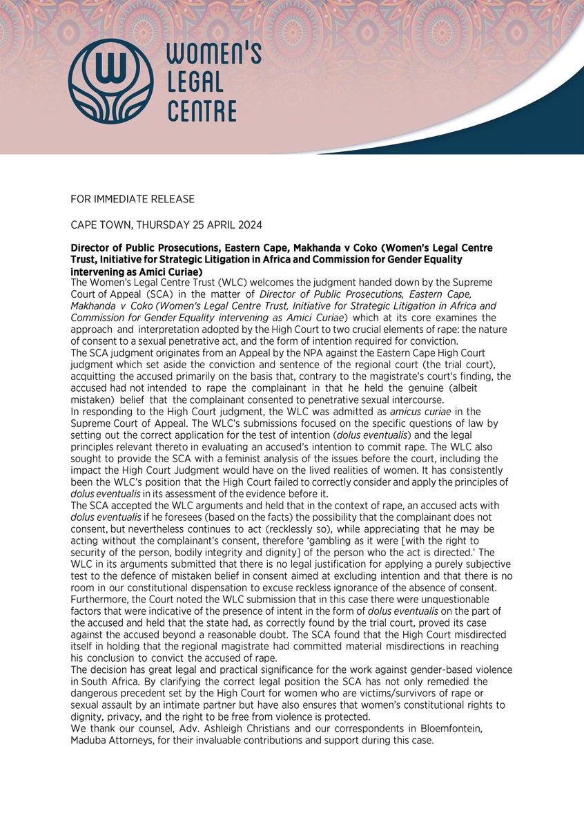 PRESS STATEMENT: The Women’s Legal Centre welcomes the Supreme Court of Appeal’s judgement on Consent and Intention in Rape Cases. #GBVF