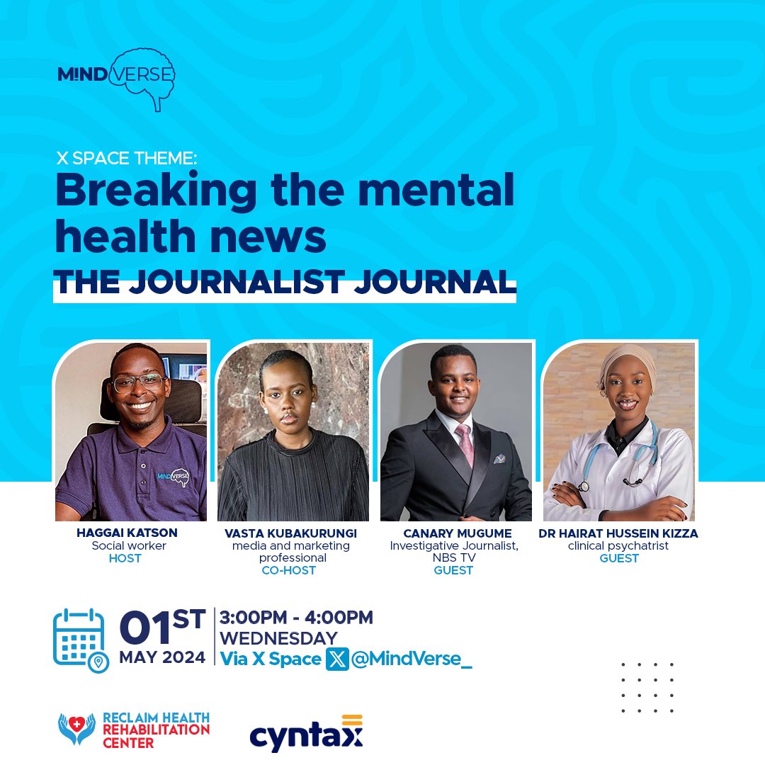 Cyntax Digital Agency (@cyntaxdigital) on Twitter photo Join us as we host the one and only <a href="/CanaryMugume/">Canary Mugume</a> , With <a href="/VasterVK/">Vaster Kubakurungi</a> and Dr @Haira888
We will be exploring the mental health experience of media professionals.
Set a reminder for my upcoming Space! Join us as we host the one and only <a href="/CanaryMugume/">Canary Mugume</a> , With <a href="/VasterVK/">Vaster Kubakurungi</a> and Dr @Haira888
We will be exploring the mental health experience of media professionals.
Set a reminder for my upcoming Space!
