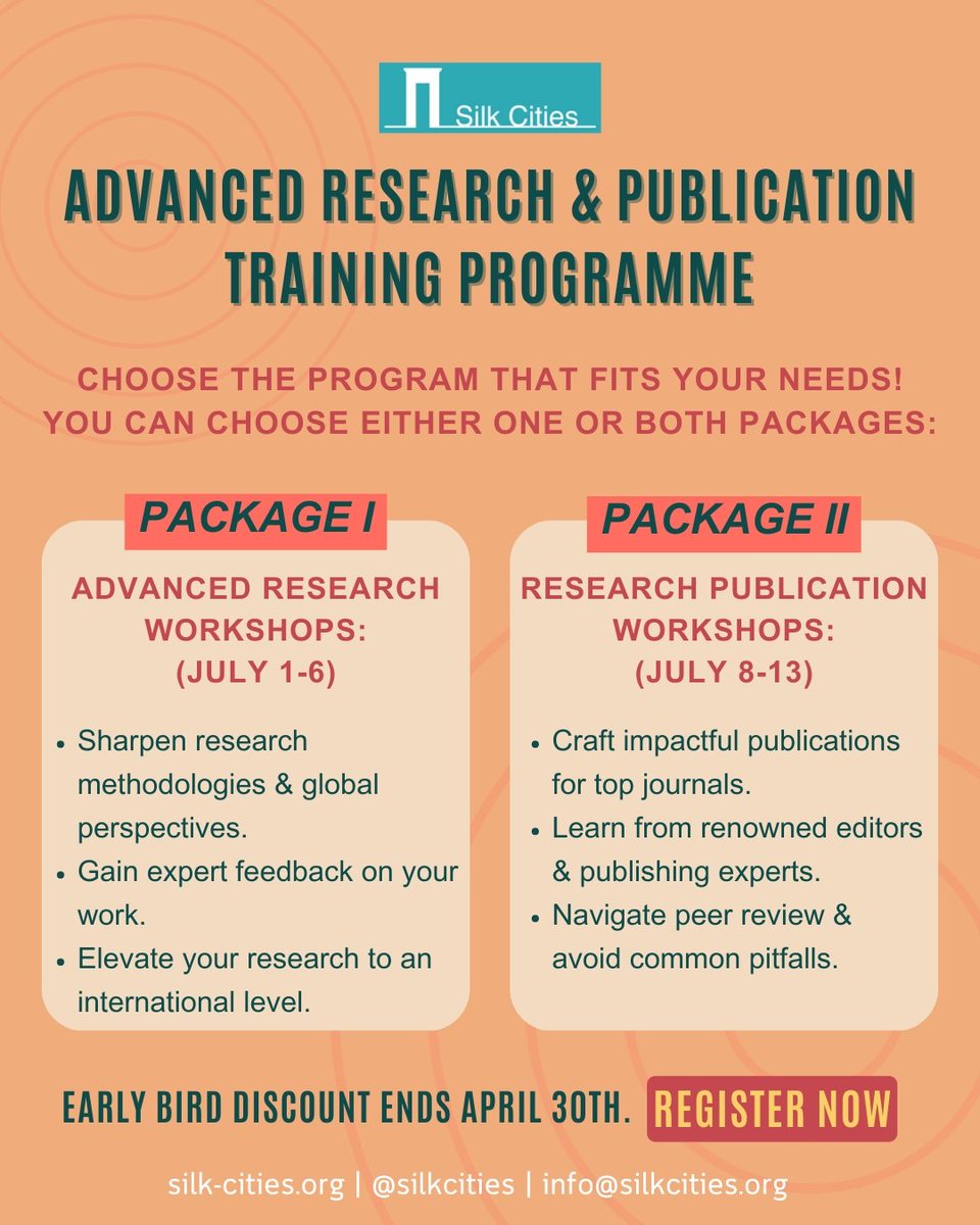 Hurry!! Limited seats available. 📚
Fees, application form, FAQs and more details: silk-cities.org/training-progr…

#research #publication #onlinetraining #workshops #silkcities #urbanstudies