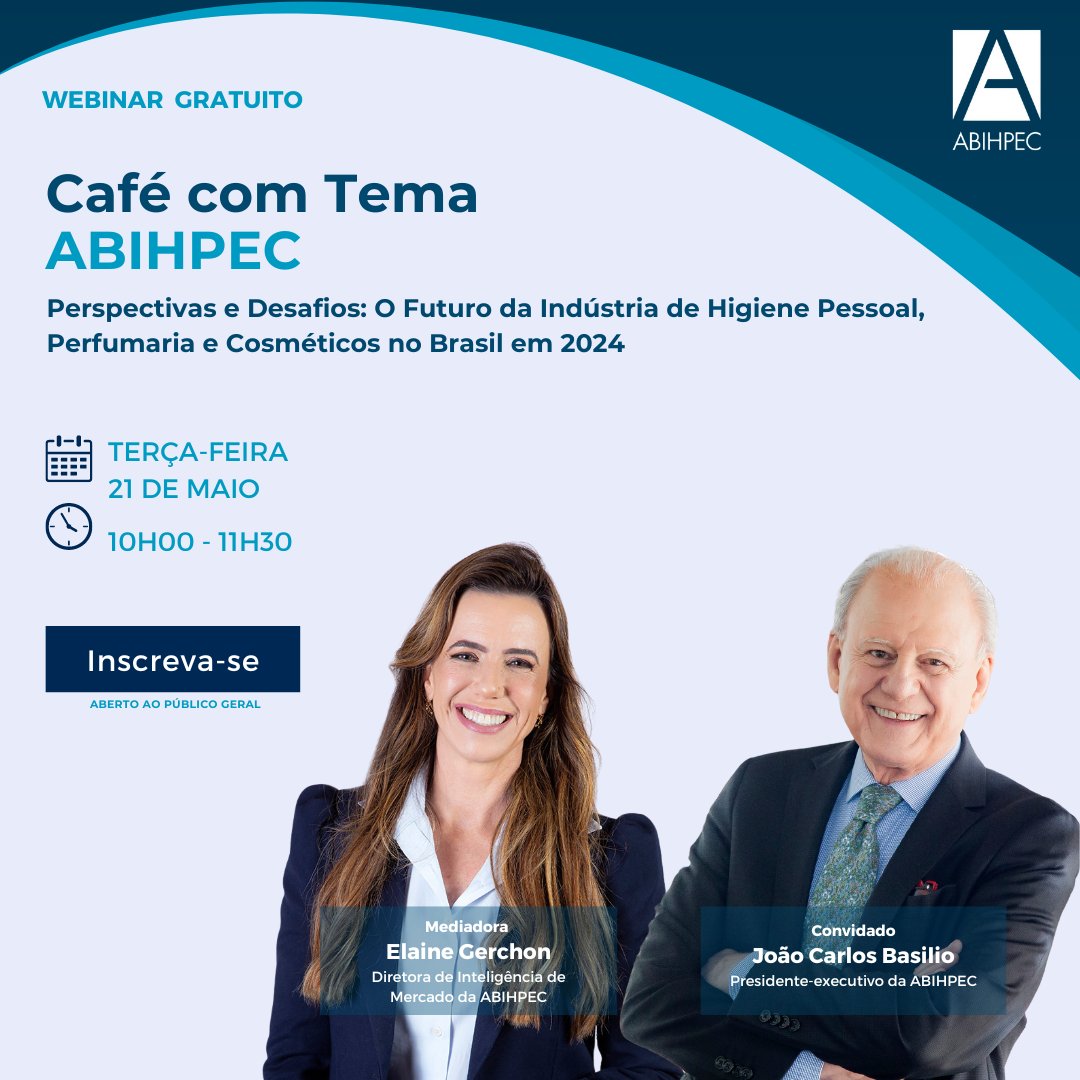 abihpec_oficial's tweet image. A #ABIHPEC realizará um Café com Tema em 21 de maio para discutir o futuro da indústria de #HPPC no Brasil, com Elaine Gerchon e João Carlos Basilio abordando perspectivas e desafios do setor. 

O evento é gratuito e aberto ao público, inscreva-se no site: us02web.zoom.us/webinar/regist…
