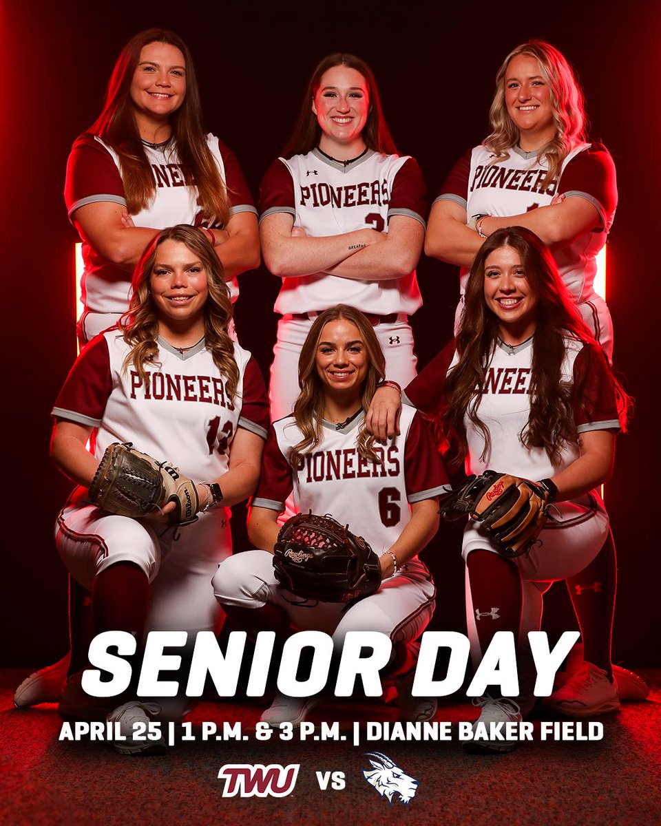 TWUSoftball's tweet photo. 𝗜𝗧'𝗦 𝗦𝗘𝗡𝗜𝗢𝗥 𝗗𝗔𝗬 🥳

Come celebrate our 6️⃣ seniors with us today! We wrap up the regular season with a doubleheader against St. Edward’s! 

#PioneerProud https://t.co/P9IKuMhZOM