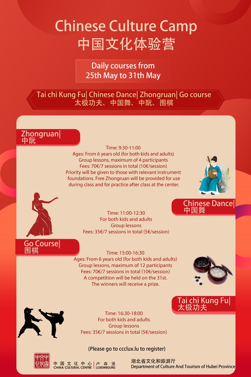 ccclux's tweet image. The Chinese Culture Camp is about to kick off! 
From May 25th to 31st, we will offer four types of Chinese cultural courses. Daily courses will be available for you to participate in. Looking forward to your participation.
For more info: ccclux.lu/courses/385-ch…