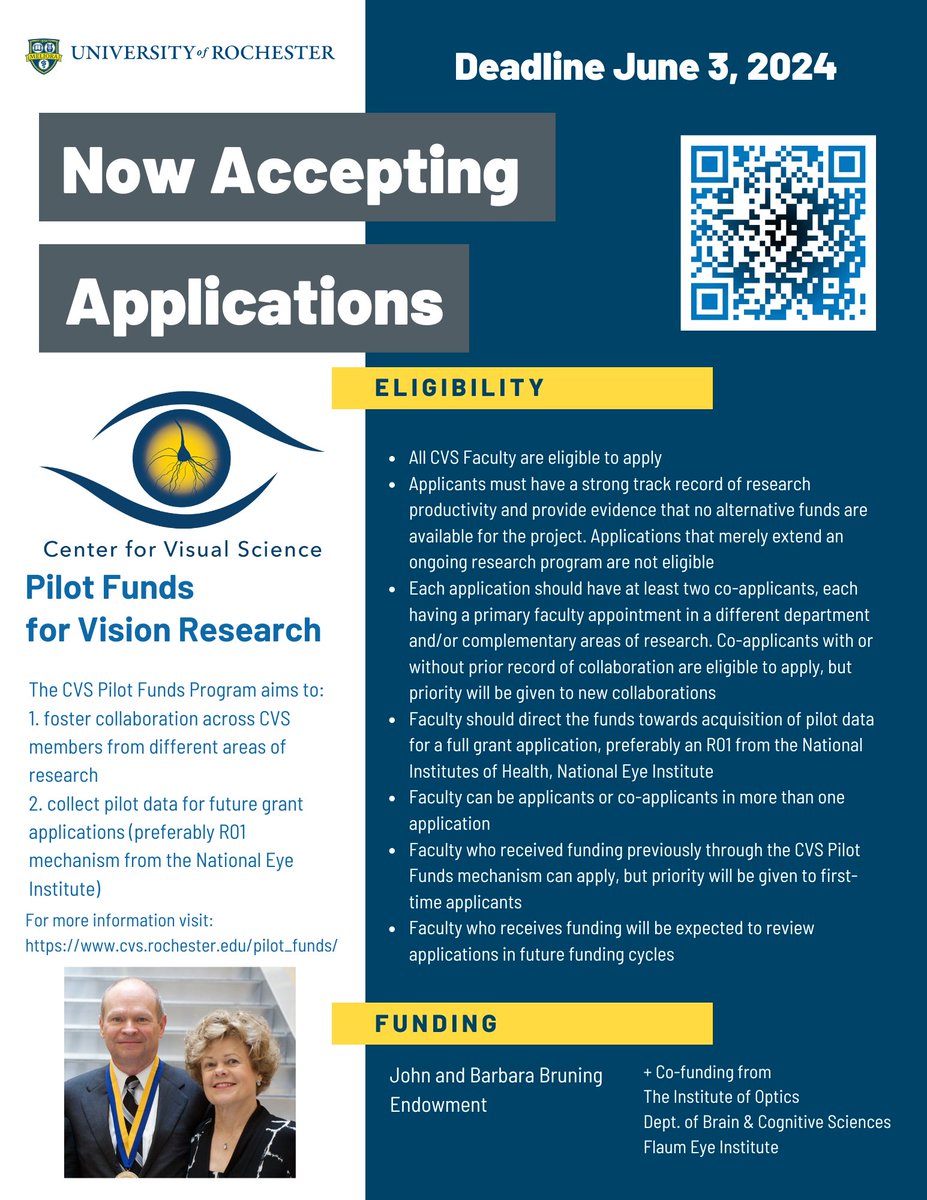 We are now accepting applications for the CVS Pilot Funds for Vision Research program. Deadline to submit is June 3, 2024 at 5PM. Please see more details about the program and how to apply at cvs.rochester.edu/pilot_funds/in…