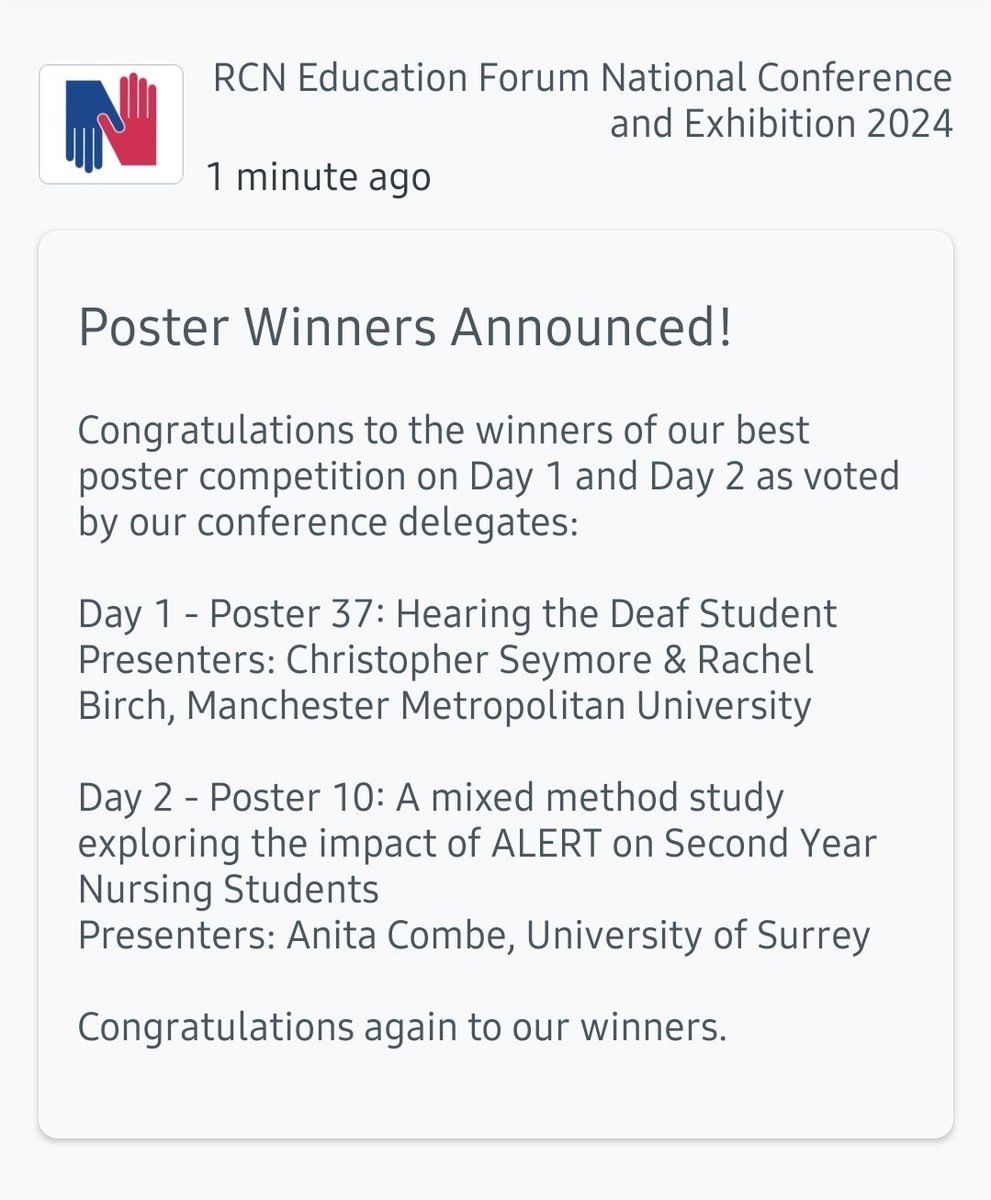 Reposting this official win news! This time with @beckettsam00 tagged in! Thank you Sam for allowing us to present your thoughts on practice & academic experience. It's been really insightful & so important to share as @ManMetUni first deaf MH Nursing student! @RCNEdForum