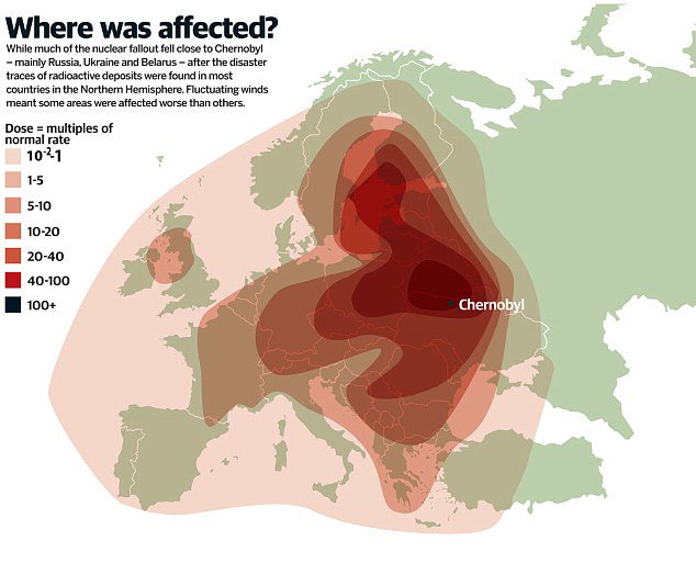 The world was forever changed on this date in 1986, as it bore witness to the most devastating nuclear accident in history: the Chernobyl disaster. Map shows the radioactive fallout from the Chernobyl disaster.