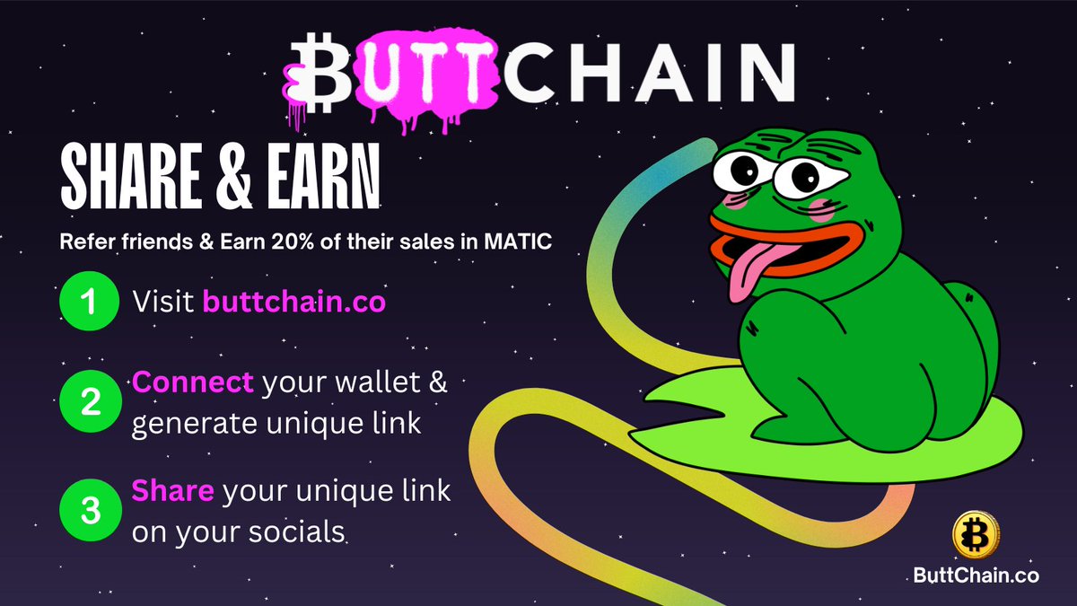 Check out #ButtChain's new Share & Earn program to earn 20% of referral fees in #MATIC 💸

🔥 buttchain.co/?source=twitter 🔥

#Polygon $BUTT #Bitcoin #Crypto #CryptoPresale #Memecoin