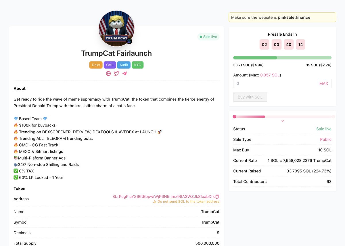 🚀 2 DAYS LEFT IN THE TRUMPCAT SALE ON PINKSALE 🎁 GIVEAWAY: $20 (48 hours) 1⃣ Follow @Trumpcat_inSOL & @CoinsultAudits 2⃣ Like, RT and place a comment 💬 3⃣ Go check out the Fair Launch of TrumpCat on #Pinksale 👇 pinksale.finance/solana/launchp… #giveaway #cryptogiveaway #solana…