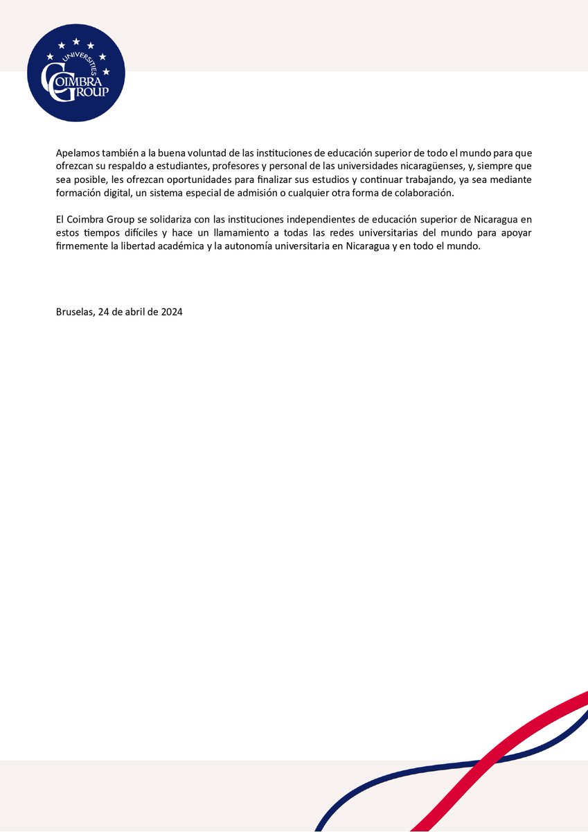 #Nicaragua | La red de universidades de Europa Coimbra Group publicó un comunicado expresando su solidaridad y su preocupación por la situación de las universidades en Nicaragua, incluyendo el cierre de la Universidad Centroamericana (UCA).