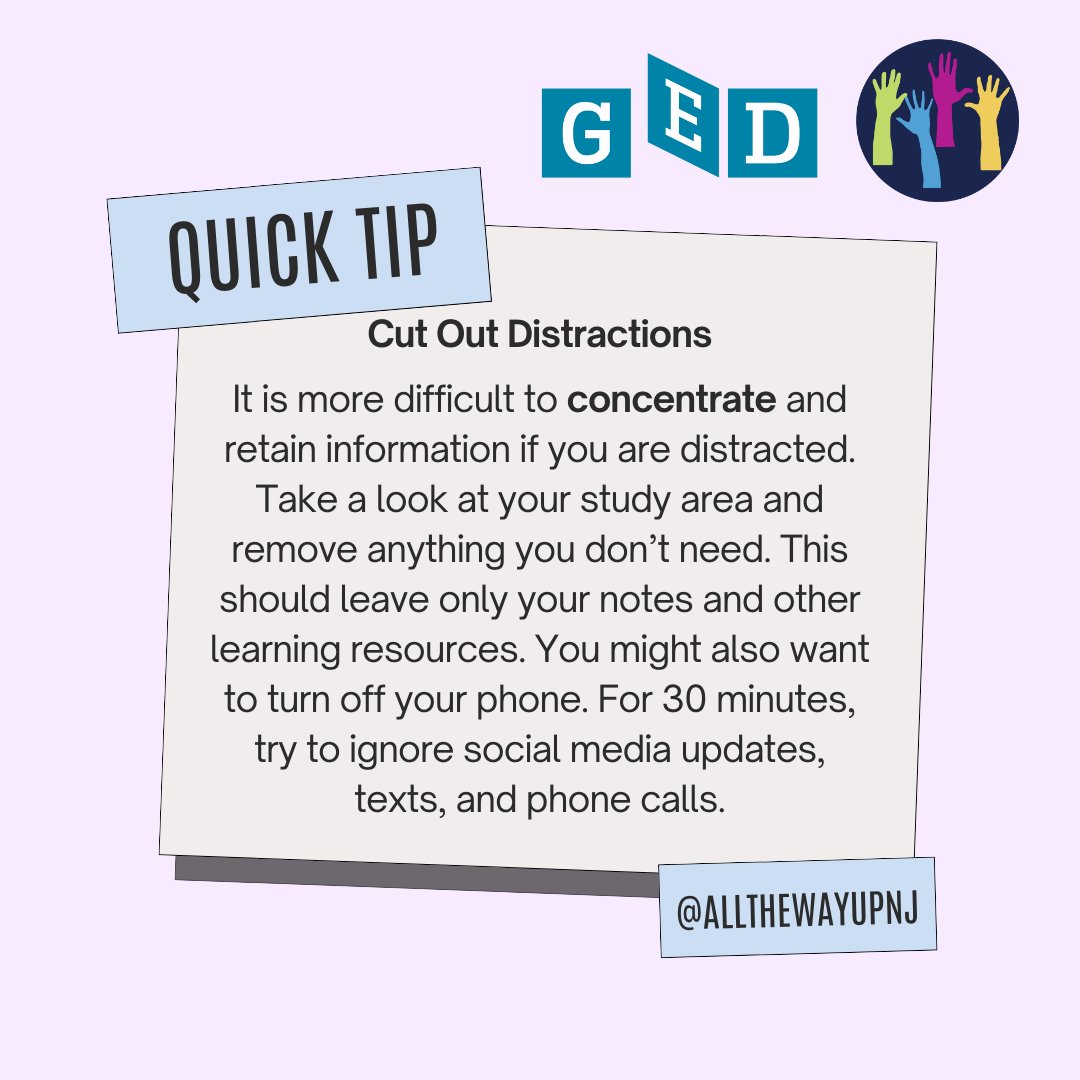 allthewayupnj1's tweet image. 👉🏽TIP 
Cut Out Distractions!
-
-
#gedtest #passthetest #studenttip