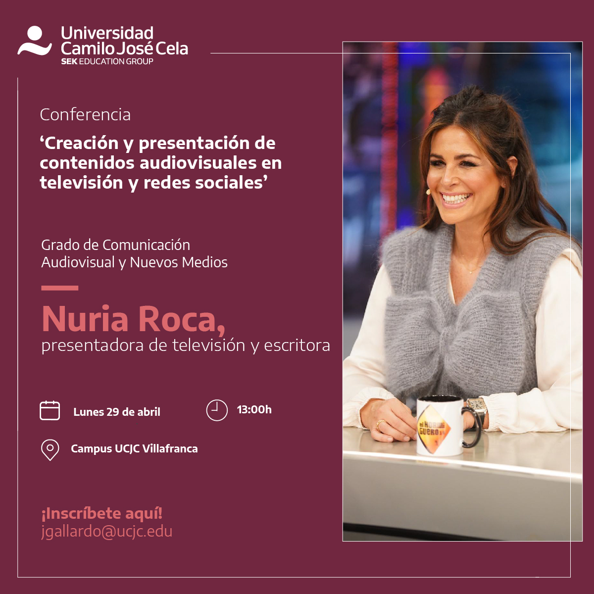 ¡Un placer recibir a @nuriarocagranel en la #UCJC! Con una amplia experiencia en los medios de comunicación, hablaremos de la creación y presentación de contenidos en TV y RRSS 📺 🗓️ 29 de abril 📍 Campus UCJC Villafranca 🕒 13h ¡Os esperamos!