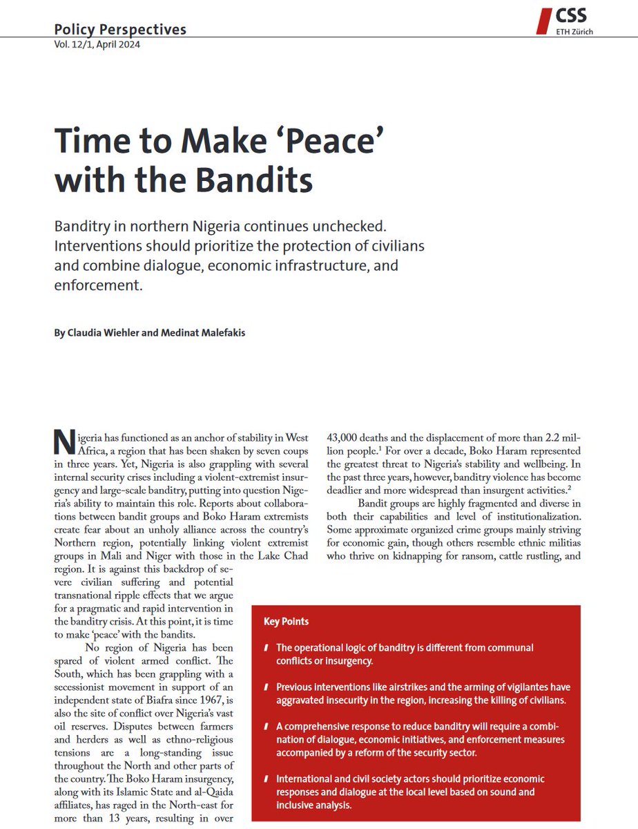 How can Nigeria’s banditry crisis with its core element of school kidnappings be stopped? @sacredeenat and I discuss potential ways forward in our @CSS_ETHZurich Policy Perspective. We propose a mix of dialogue, economic interventions, and enforcement tinyurl.com/4f7wd5kz