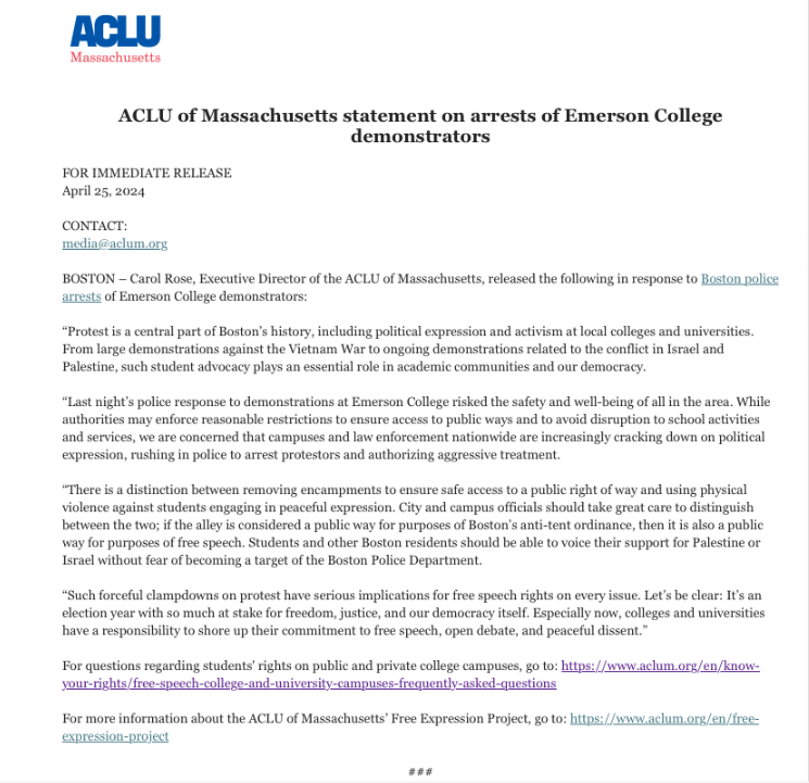 Protest is a central part of Boston’s history, including political expression and student activism. There is a distinction between removing encampments to ensure safe access to a public right of way and using physical violence against students engaging in peaceful expression.