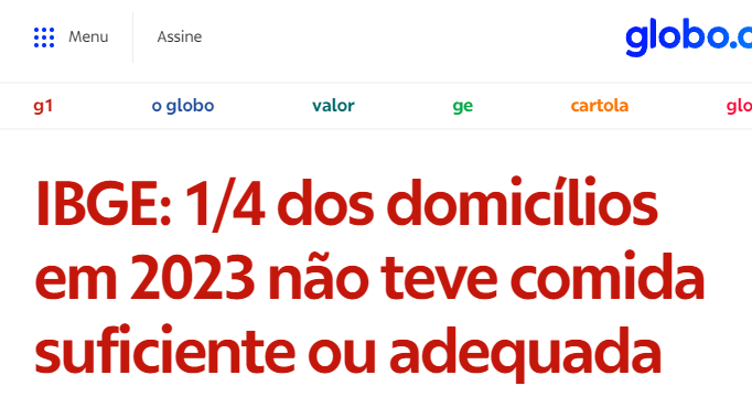 Como distorcer números e enganar pessoas.

1) Em 2017-18 pesquisa POF mostrou q 36,7% dos lares tinham insegurança alimentar.

2) Bolsonaro não permitiu pesquisas, mas sabemos q a fome explodiu.

3) Com Lula, 2023, número já caiu p/ 27,6% dos domicílios. Milhões SAÍRAM da fome.