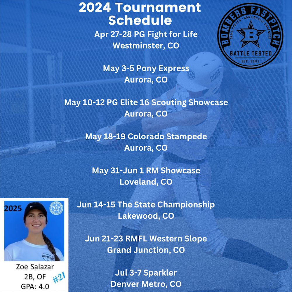 2024 CO Bombers 18A Schedule drop!
<a href="/Oxy_Softball/">Occidental Softball</a> <a href="/WASHUSoftball/">WashU Softball</a> <a href="/SoftballCMU/">CMU Softball</a> <a href="/SagehenSoftball/">Sagehen Softball</a> <a href="/CoBombers18u/">CO Bombers Santaniello 18U</a> <a href="/morrell_ted/">Coach Ted Morrell</a>