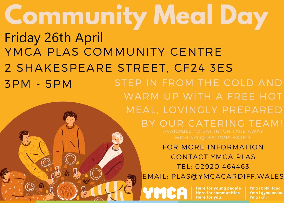 Community Meal Day at YMCA Plas on the 26th of April! Enjoy a *free* tasty meal prepared by their catering team. If you require more information, contact them on 02920 464463 or plas@ymcacardiff.wales