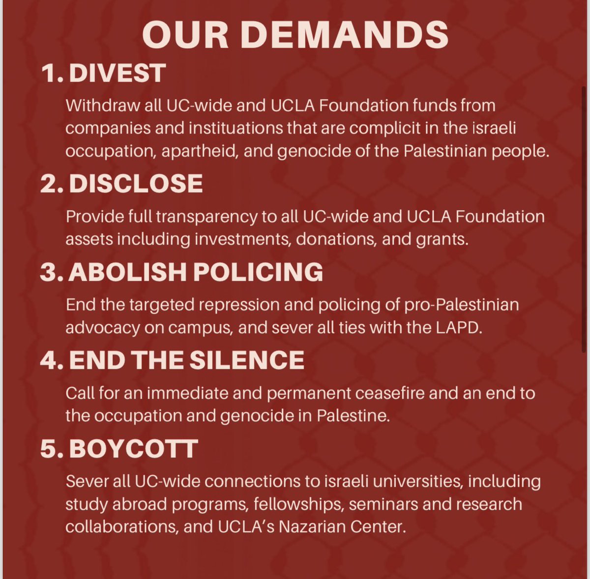 DEMANDS 1. DIVEST: Withdraw all UCLA Foundation funds from companies & institutions that are complicit in the israeli occupation, apartheid, & genocide 2. DISCLOSE: Provide full transparency to ​​​​all UC-wide & UCLA Foundation Share & like on IG: instagram.com/p/C6MHxXNx3Bb/…