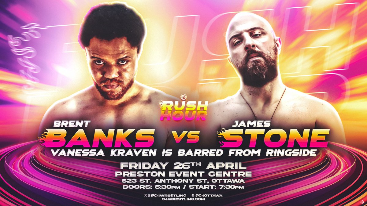 Your final match is set for tomorrow night! With @VanessaMtKraven barred from ringside, @_banks collides with @HmcScrapper! Tickets are 75% sold. Grab yours NOW at tinyurl.com/C4RushHour or in person at @VertigoOttawa and @OddsSodsShoppe!