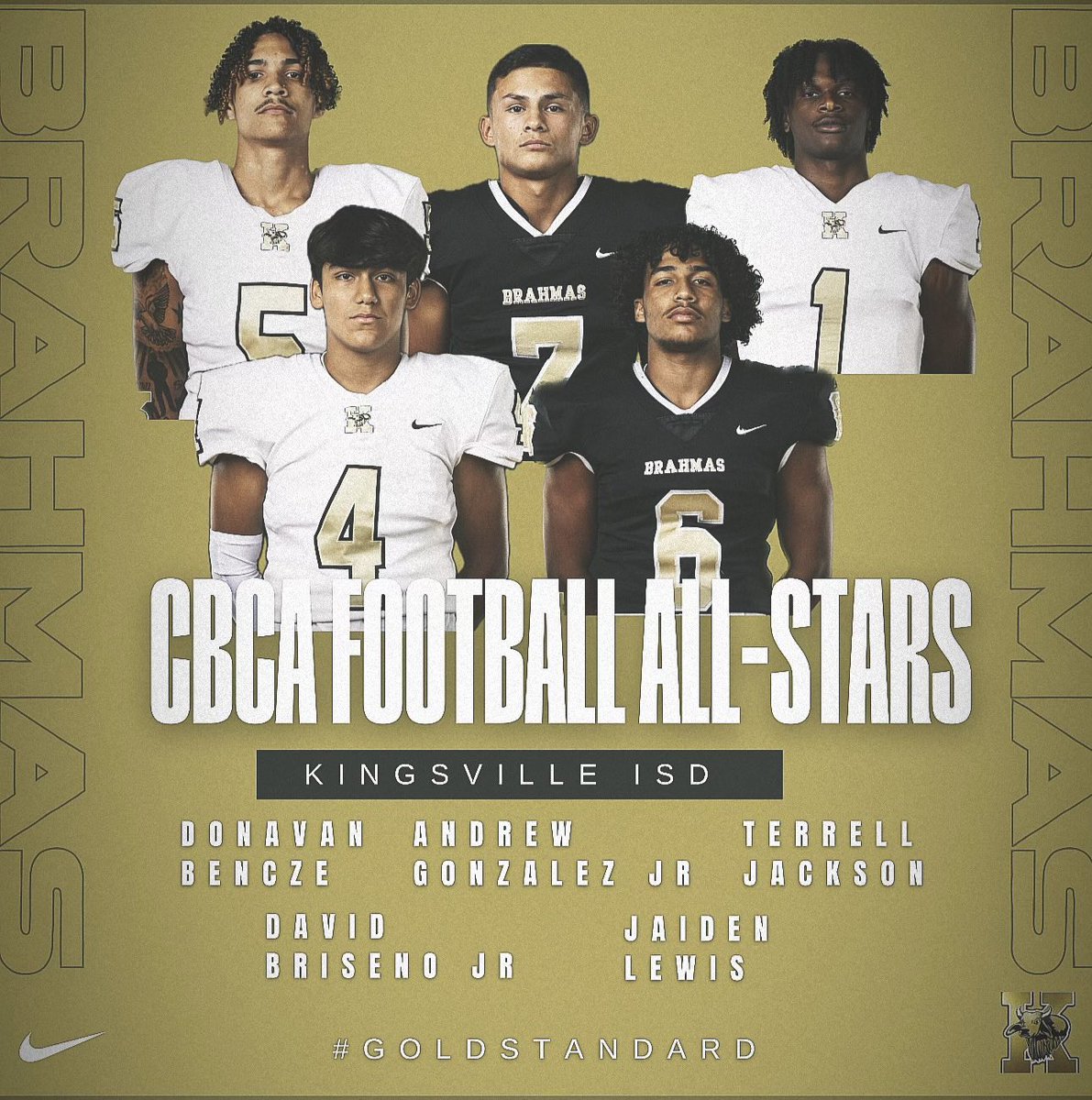 Congratulations to these seniors on being selected to play in the Coastal Bend Coaches Association All-Star Football Game! @cbcatx1 #GoldStandard #BlackReign #braHMaKINGdom