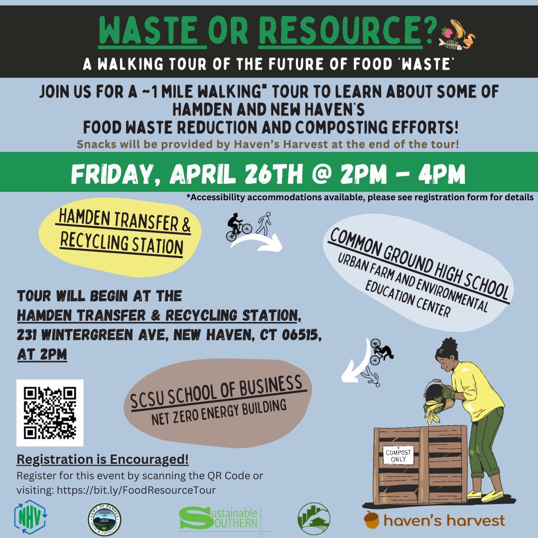 The New Haven Office of Climate & Sustainability invites you to celebrate #EarthWeek by attending its Walking Tour of Food Scrap Diversion Initiatives on Friday, April 26th from 2-4 PM. Register here for this exploration of local #composting initiatives: bit.ly/FoodResourceTo…