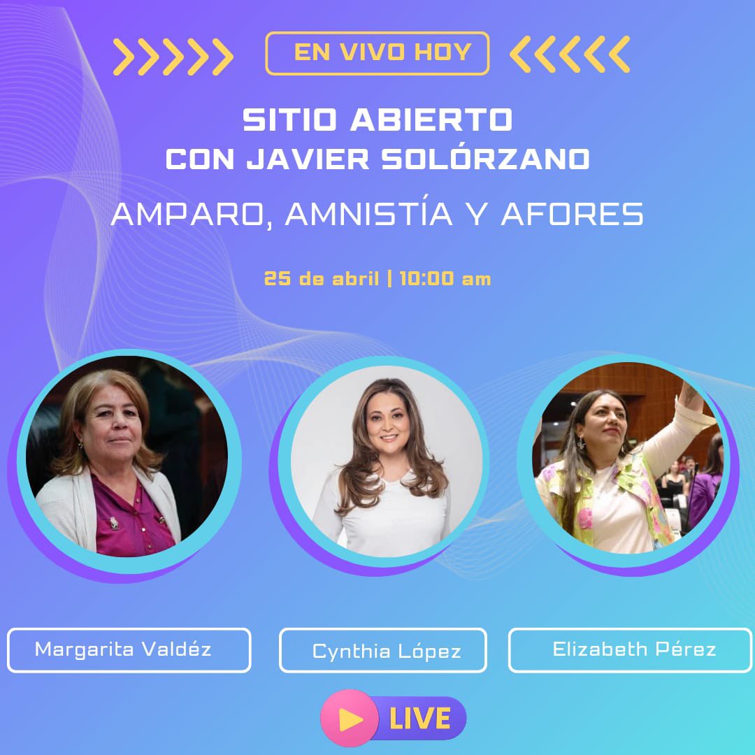 #SitioAbierto📢|Hoy a las 10:00 am nos acompañará en cabina la senadora @SenadoraV , la diputada @cynthialopezc1 y la diputada @EliPerezV para hablar de: “AMPARO, AMNISTÍA Y AFORES” 🧑‍⚖️🙏🏻💰⁉️🤔💬 Conduce 🎙️ @JavierSolorzano ¡Escúchanos! 👉 bit.ly/3YRCg2u