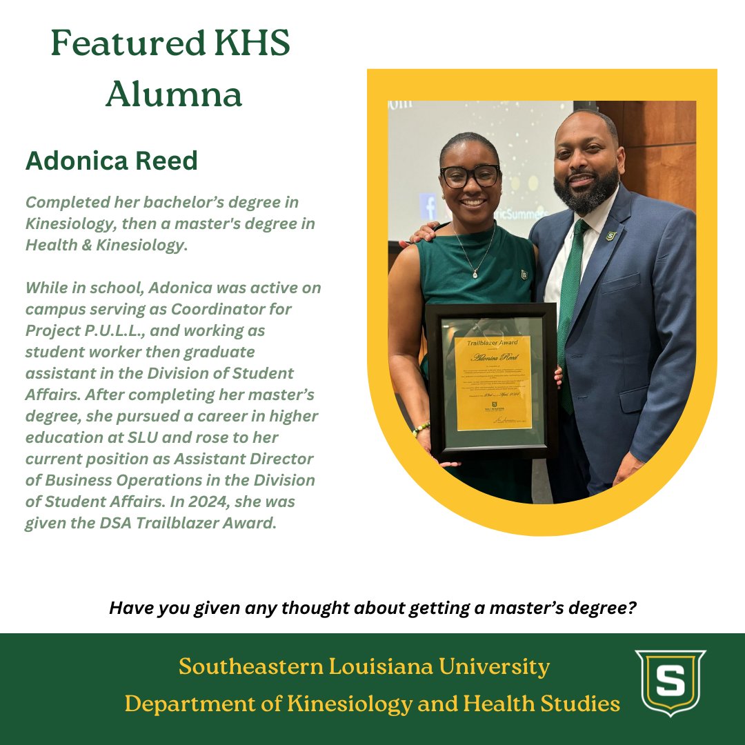 southeasternkhs's tweet photo. Check out our Featured KHS Alumna, Adonica!  

The SLU KHS Department offers two master's degrees:      
1) M.S. in Athletic Training https://t.co/skkWshQXFK     
2) M.S. in Health &amp; Kinesiology https://t.co/l1CNdllHda https://t.co/anfA5ZGUDN