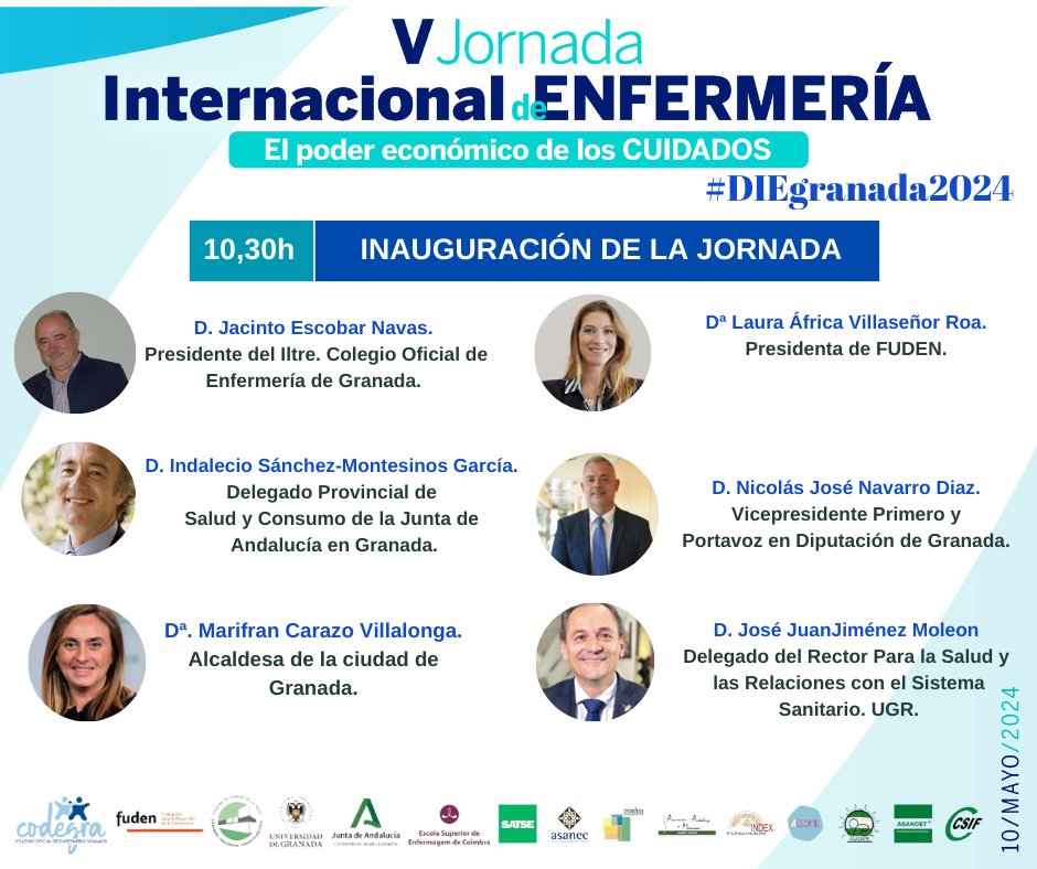 VI Jornada Internacional de Enfermería Granada (@granadadie) on Twitter photo ▶️#DIEgranada2024 es una oportunidad para celebrar el #DíaInternacionaldelaEnfermería!
✍️Inscripciones diegranada.com
¡No te pierdas la inauguración!
<a href="/jacinto_escobar/">Jacinto Escobar</a> <a href="/saludand/">Consejería de Salud y Consumo</a> <a href="/JimenezMoleon/">Jose J. Jimenez-Moleon</a> <a href="/marifrangr/">Marifran Carazo</a> <a href="/fuden_es/">Fundación FUDEN</a> <a href="/NICOLASNAVARROD/">NICOLAS NAVARRO DIAZ</a> ▶️#DIEgranada2024 es una oportunidad para celebrar el #DíaInternacionaldelaEnfermería!
✍️Inscripciones diegranada.com
¡No te pierdas la inauguración!
<a href="/jacinto_escobar/">Jacinto Escobar</a> <a href="/saludand/">Consejería de Salud y Consumo</a> <a href="/JimenezMoleon/">Jose J. Jimenez-Moleon</a> <a href="/marifrangr/">Marifran Carazo</a> <a href="/fuden_es/">Fundación FUDEN</a> <a href="/NICOLASNAVARROD/">NICOLAS NAVARRO DIAZ</a>