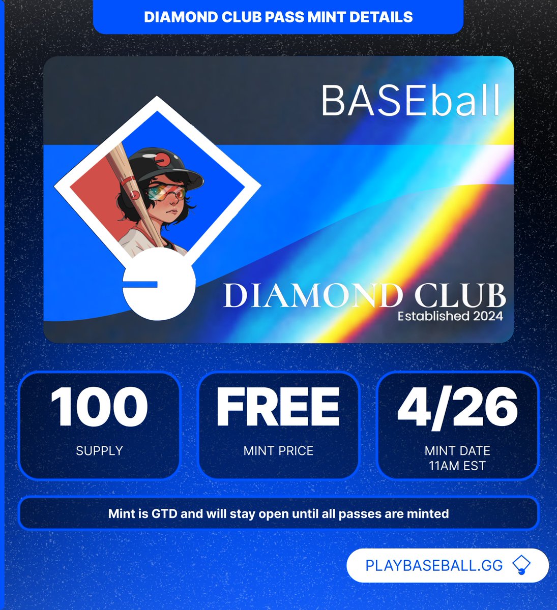 🔷DIAMOND CLUB PASS MINT DETAILS🔷

Due to the overwhelming response of our Pass, we will be opening up a 2nd round of applications!

alphabot.app/diamond-club-p…

⚾️ 12 hours to apply
⚾️ 5 winners

Let's Play Ball!