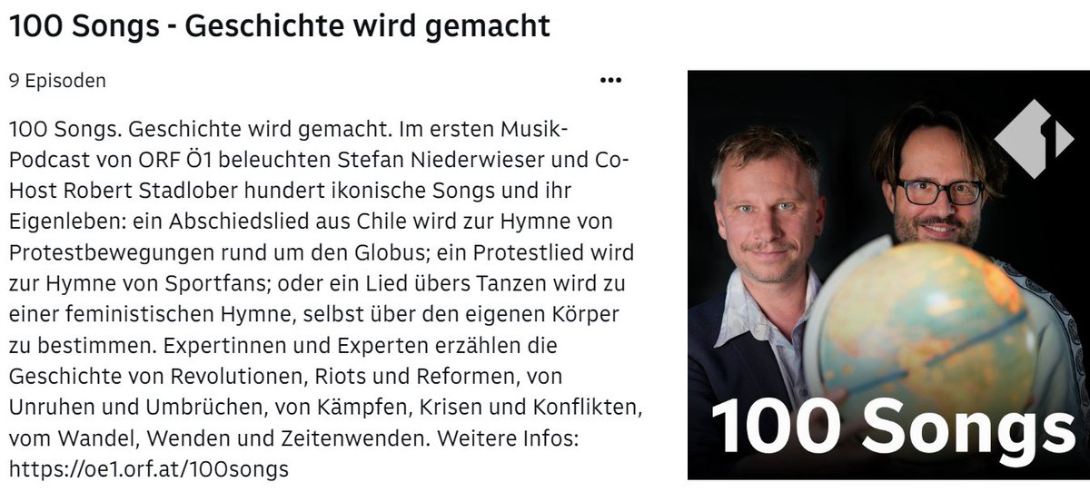#PolitischeBildung mit Musik/im Musikunterricht
Die Podcast-Reihe "100 Songs. Geschichte wird gemacht" von #atpb24-Partner <a href="/oe1/">Ö1</a> wird dafür interessantes Material bieten.
<a href="/stfndw/">stefan niederwieser</a> &amp; @RobertStadlober über Songs, die ihre Zeit prägten und bis heute nachhallen.
oe1.orf.at/artikel/709816…