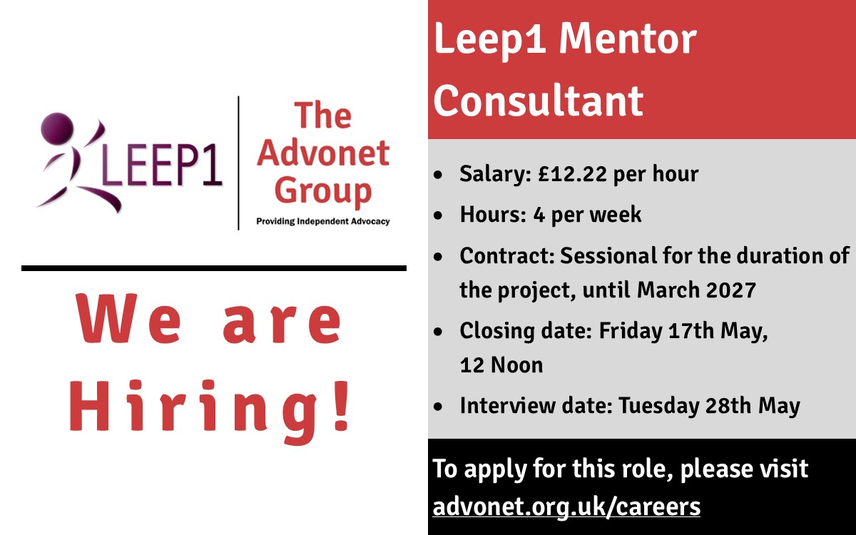 Our @Leep1_Leeds team are looking for a Mentor Consultant to help with their #LearningDisability and #Employment project in #Leeds! 
Find out how to apply for this exciting new role by clicking here: advonet.org.uk/2024/04/25/job… #HiringNow #LeedsJobs #CharityJobs