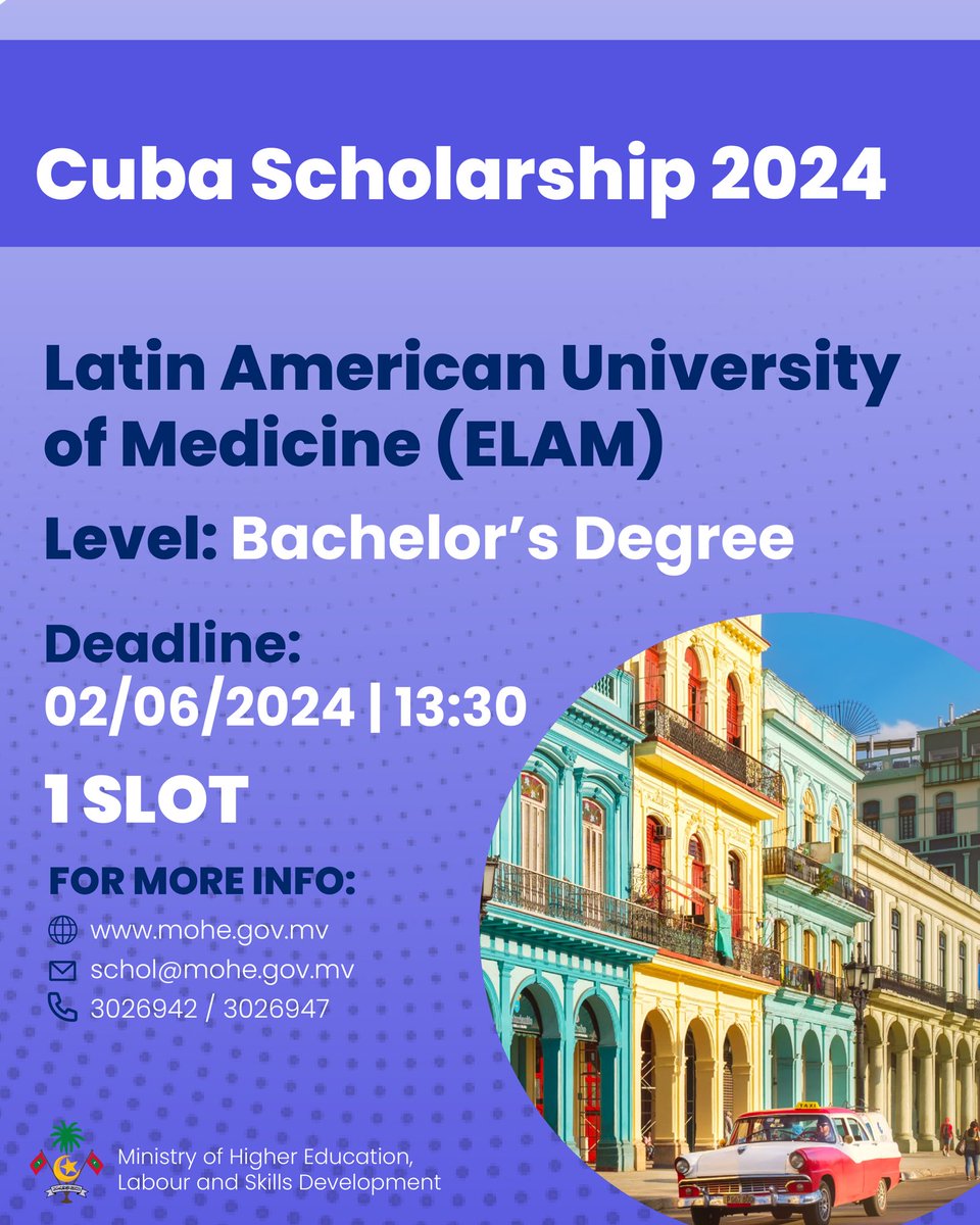 We are pleased to announce the re-launch of the Cuba Scholarship 2024 program! Unlock your future in medicine at the Latin American University of Medicine (ELAM). Apply now for a Bachelor's degree journey like no other! Deadline: 2nd June 2024 13:30HRS Info:…