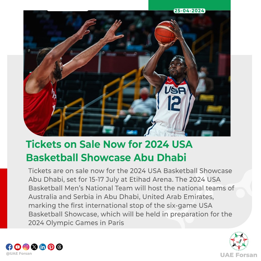 Tickets on Sale Now for 2024 #USA Basketball Showcase Abu Dhabi
#USABMNT #AbuDhabi #Basketball 
@Paris2024
@usabasketball